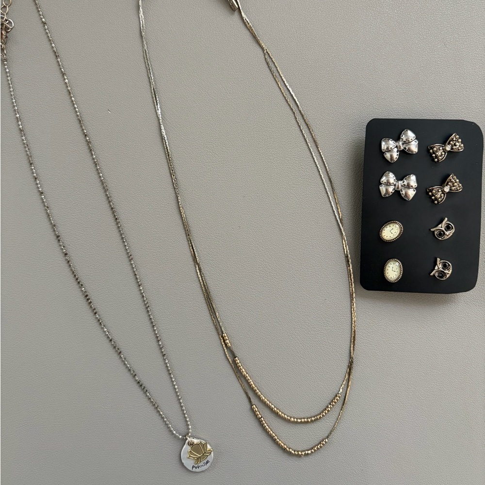 Silver and Gold Layered Necklaces and Earrings Set